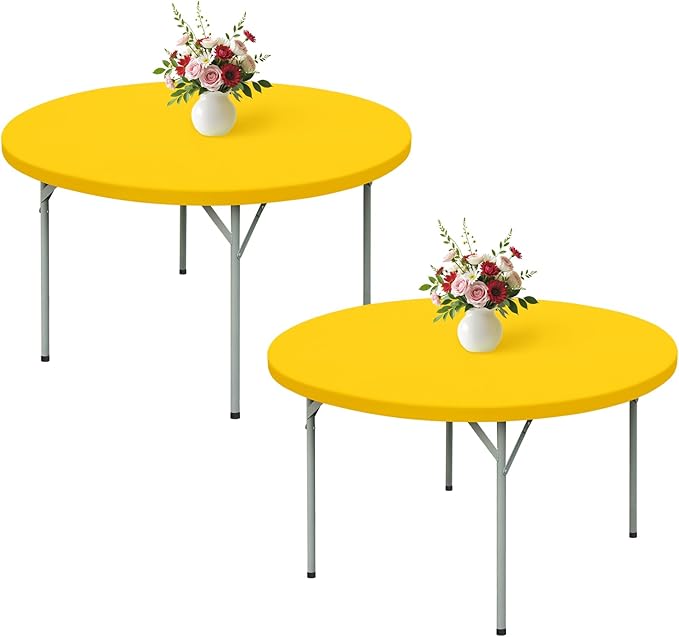 Wolkemer 2 Pack 5 Foot Yellow Fitted Tablecloth 60 Inch Round Elastic Edges Table Cloth, Spandex Stretch Table Cover with Machine Washable Fabric for Wedding Party Picnic Dining Indoor Outdoor