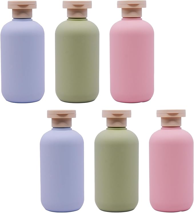 6-Pack Leakproof Travel Bottles - 6.8 oz Squeeze Shampoo & Lotion Containers with Locking Flip Caps, Food Grade HDPE/PP, for Toiletries, Gym, Camping (Green, Blue, Pink)