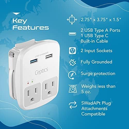Ceptics Universal Travel Adapter, Dual USB (QC 3.0) + 2 US outlets + USB-C Cable, Use with Chargers, Cell Phones, Laptops, 6 Plug attachments for Worldwide use (Does Not Convert Voltage) (WPS-2B)