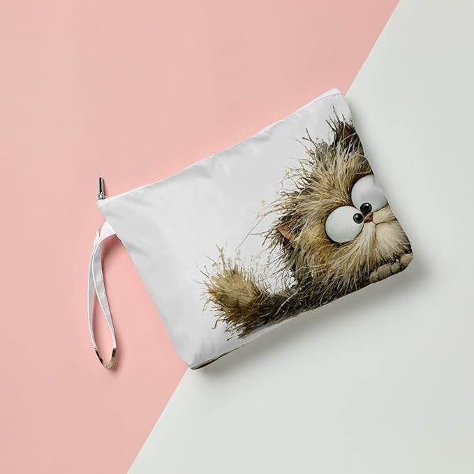 Fokongna Cute Print Wet Bag, Small Portable Waterproof Multi-Functional Organizer for Women, Beige Fluffy Tabby Cat, Ideal for Daily, Beach & Travel