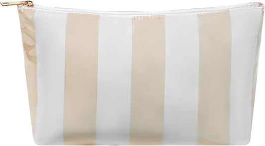 Large PVC Waterproof Striped Makeup Bag,Clear Coated Cosmetic Bags,Easy to Clean,Travel Organizer Zipper Pouch Beach Vacation Essentials for Women Girls(02Beige)