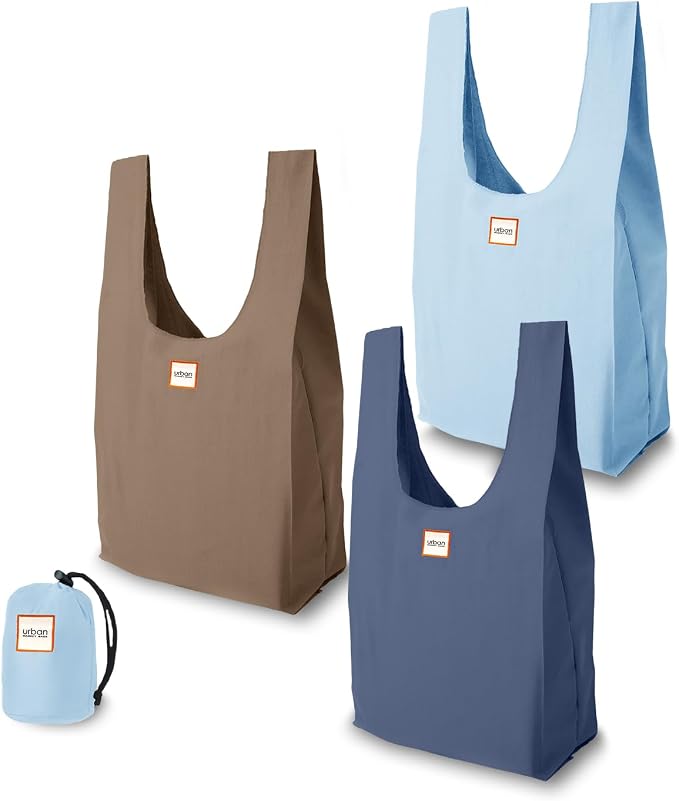 Urban Market Bags - Horizon - 3 Foldable Reusable Shopping Bags in 1 Compact Pouch, Luxury Quality, Recycled Fabric, Holds 50+ lbs, Machine Washable, Pouch Fits in Cupholder, Designed in California