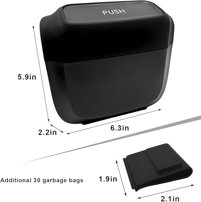 Car Trash Can with Lid, Leakproof Auto Garbage Can Mini Hanging Dustbin with 30 Trash Bags, Waterproof Plastic Garbage Organizer for Vehicle Home Office, Car Accessories (Black)