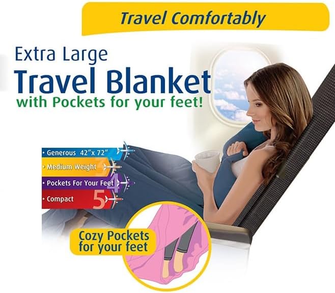 Cloudz Extra Large Airplane Travel Blanket for Your Flight, Car, Camping, Home or Comforting Warmth Anywhere! Includes Warm Cozy Pockets for Your Feet and a Travel Bag - Black