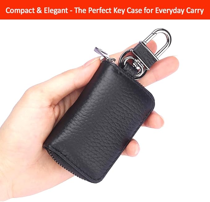 Leather Car Key Case with Zipper, Compact Smart Key Fob Holder with Keychain, Portable Car Key Organizer Pouch
