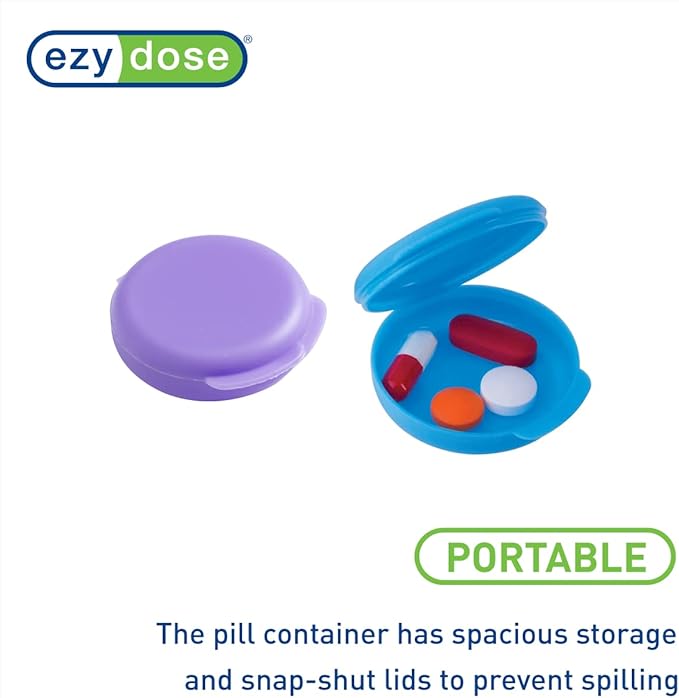 EZY DOSE Daily Round, Portable On-The-Go Pocket Pharmacy, Pill Box, Organizer and Vitamin Containers, Snap Shut Lids, Perfect for Traveling, Blue and Purple, 2 Pack, BPA Free