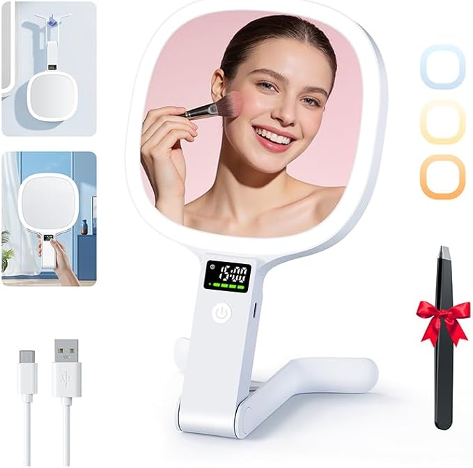 Auxmir 30X/1X Travel Makeup Mirror with Lights, Rechargeable Lighted Magnifying Mirror with LED Display, 3 Color Dimmable Vanity Mirror, Foldable Portable Mirror for Tabletop/Handheld/Hanging, White