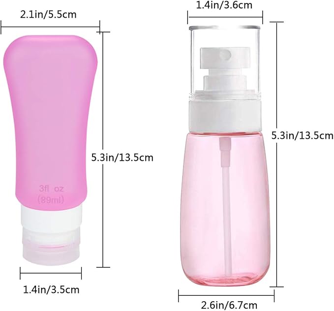 7 Pack Travel Bottle Set, 3 Ounce TSA Approved Leakproof Silicone Containers and 100ml/3.50z Fine Mist Hairspray Bottle Refillable Containers for Cosmetic Skincare Perfume