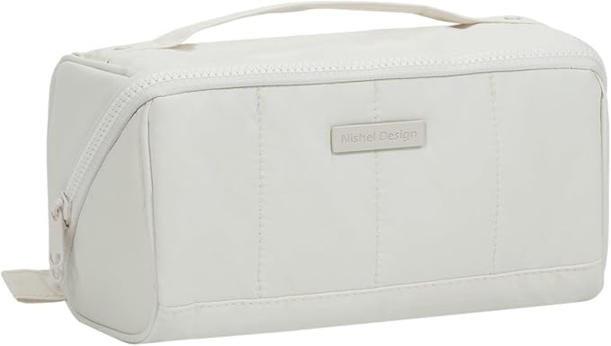 NISHEL Travel Makeup Bag for Women, Fluffy & Lightweight Open Flat Cosmetic Organizer with Multiple Functional Divider for Brush Independent Storage, Handle for Easy Portability, Beige