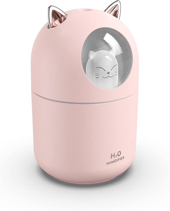 Portable 300ml Mini Cool Mist Humidifier With Night Light, USB Auto Shut-Off, Ultra-Quiet, 2 Spray Modes for Home Office Travel (Pink)