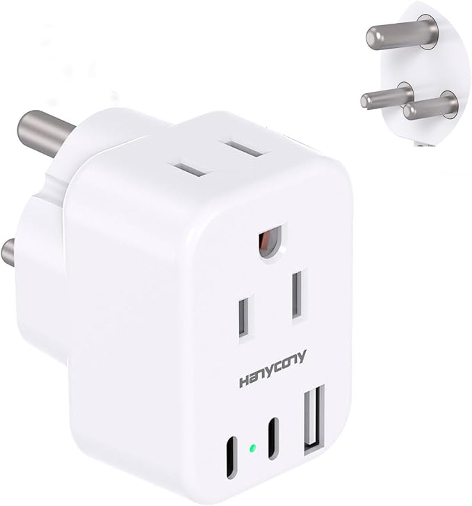 HANYCONY US to India Plug Adapter, Type D Travel Adapter with 3 Outlets 4 USB Ports(2 USB C), India Power Travel Adapter for USA to India, Bangladesh, Maldives, Pakistan