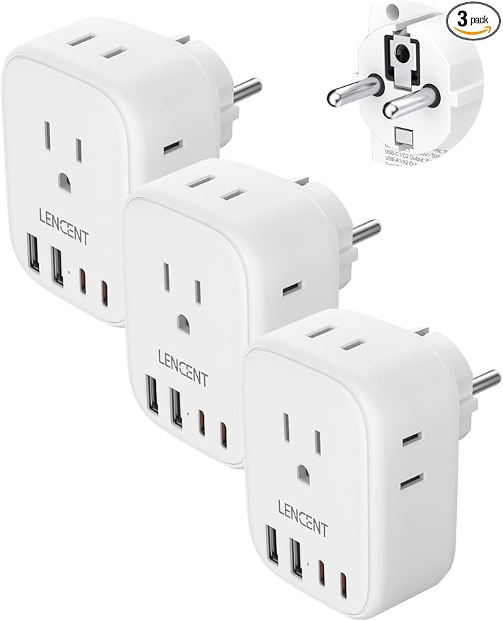 LENCENT 3 Pack Germany France Travel Power Adapter, Schuko Type E/F Power Plug Adaptor with 4 USB Ports(2 Type C), 4 Outlet Converter, US to EU Spain French German Greece Norway Iceland South Korea