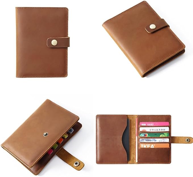 Genuine Full Grain Leather Passport Holder, Slim Bifold with Snap Button Closure, 5 Card Slots, Men's Travel Wallet (TAN)