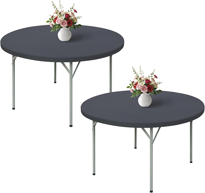 Wolkemer 2 Pack 5 Foot Grey Fitted Tablecloth 60 Inch Round Elastic Edges Table Cloth, Spandex Stretch Table Cover with Machine Washable Fabric for Wedding Party Picnic Dining Indoor Outdoor