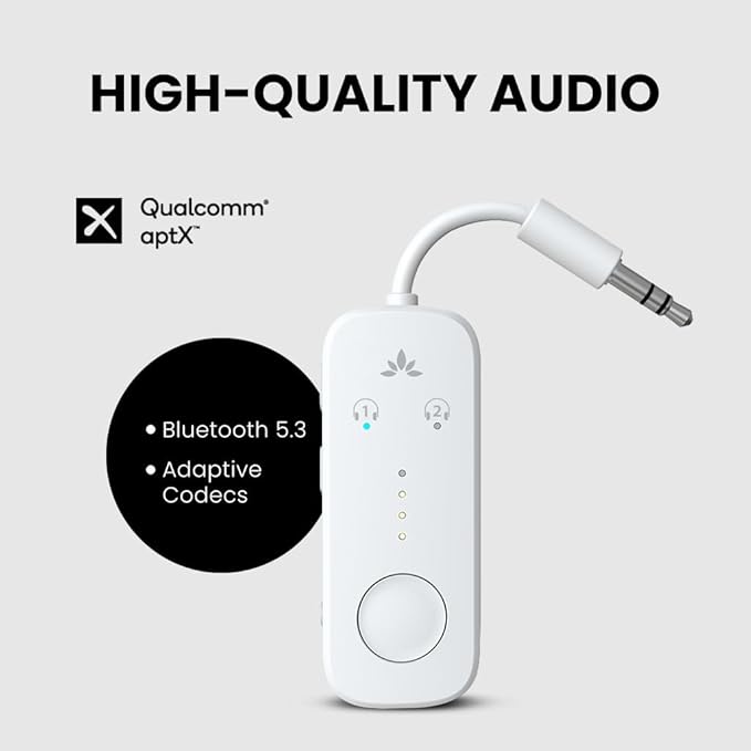 Avantree Relay – Airplane Bluetooth Adapter for AirPods, Bose & Wireless Headphones, Qualcomm Chip, aptX Adaptive & HD Audio Transmitter, 25Hrs Battery, 3.5mm AUX for Flight, Travel & Gym