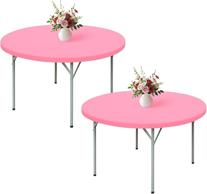 Wolkemer 2 Pack 5 Foot Pink Fitted Tablecloth 60 Inch Round Elastic Edges Table Cloth, Spandex Stretch Table Cover with Machine Washable Fabric for Wedding Party Picnic Dining Indoor Outdoor