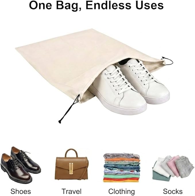 Shoe Bags for Travel, 4 Pack Travel Shoe Bag Organizer, Large Flannel Shoe Bags with Drawstring for Boots, Heels, Handbags & Packing, Washable Reusable Shoe Pouches, Black & Beige
