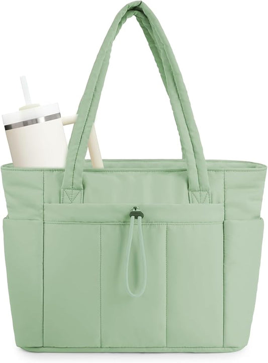 Wandering Nature Puffer Tote Bag with Cup Holder & Laptop Compartment & Trolley Sleeve for Travel, Work, Nurse, Women