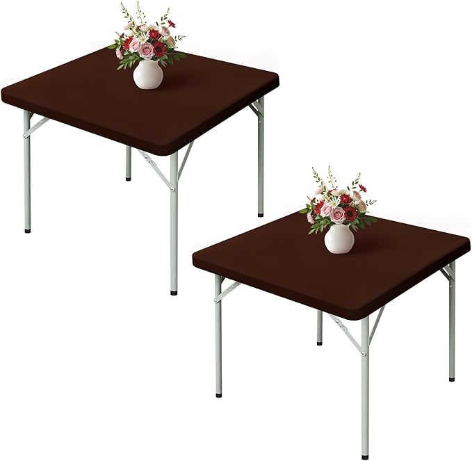 Wolkemer 2 Pack Brown Fitted Tablecloth 34x34 Inch Square Elastic Edges Table Cloth, Spandex Stretch Table Cover with Machine Washable Fabric for Wedding Party Picnic Dining Indoor Outdoor