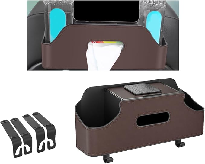 Car Headrest Backseat Organizer, Multi-Functional Vehicle Headrest Hanging Storage Box with Hook Cup Phone Holder Tissue Box, Universal Automotive Interior Seat Back Organizer (Brown)