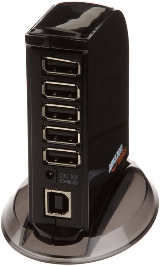 Amazon Basics 7-Port USB 2.0 Hub Tower for Laptop and PC, USB Splitter with 5V/4A Power Adapter, 2 Fast Charging Ports, Plug and Play, Black