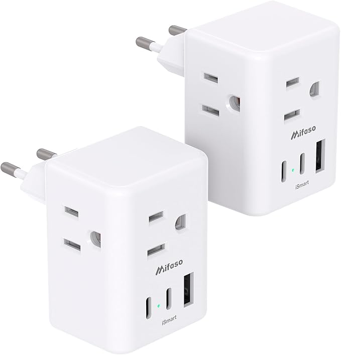 2 Pack European Travel Plug Adapter, Mifaso International Power Plug Adapter with 3 Outlets 3 USB Charging Ports(2 USB C), Type C Plug Adapter Europe Travel Essentials to Spain Italy France