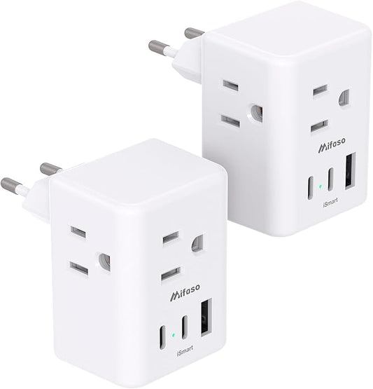 2 Pack European Travel Plug Adapter, Mifaso International Power Plug Adapter with 3 Outlets 3 USB Charging Ports(2 USB C), Type C Plug Adapter Europe Travel Essentials to Spain Italy France