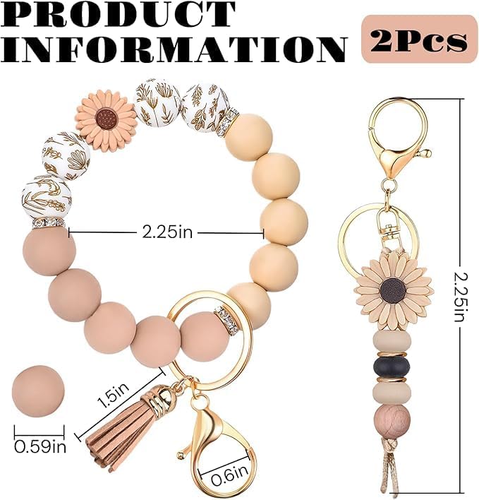 2PCS Bracelet Key Ring Set, Cute Car Key chain Wristlet, Silicone Beaded Bangle keyChains for Women Girls