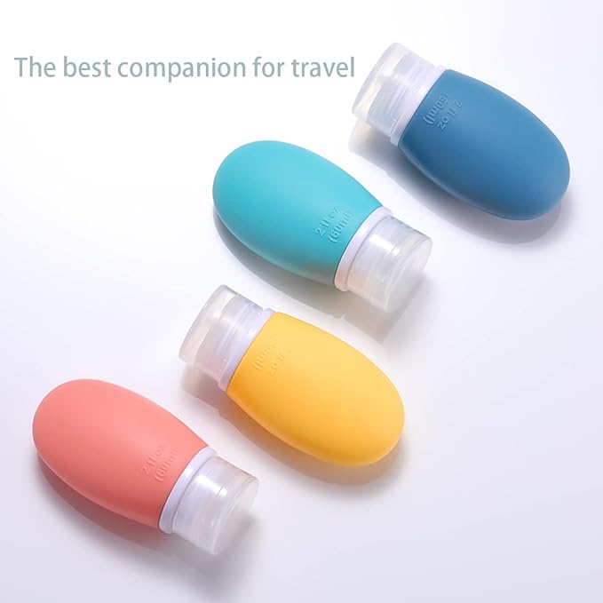 Leak Proof Silicone Travel Bottles,4 Pack 2oz Liquid Squeezable Refillable Portable Travel Accessories/Cosmetic Containers,BPA Free,Travel Size Bottles for Toiletries Shampoo Conditioner Lotion