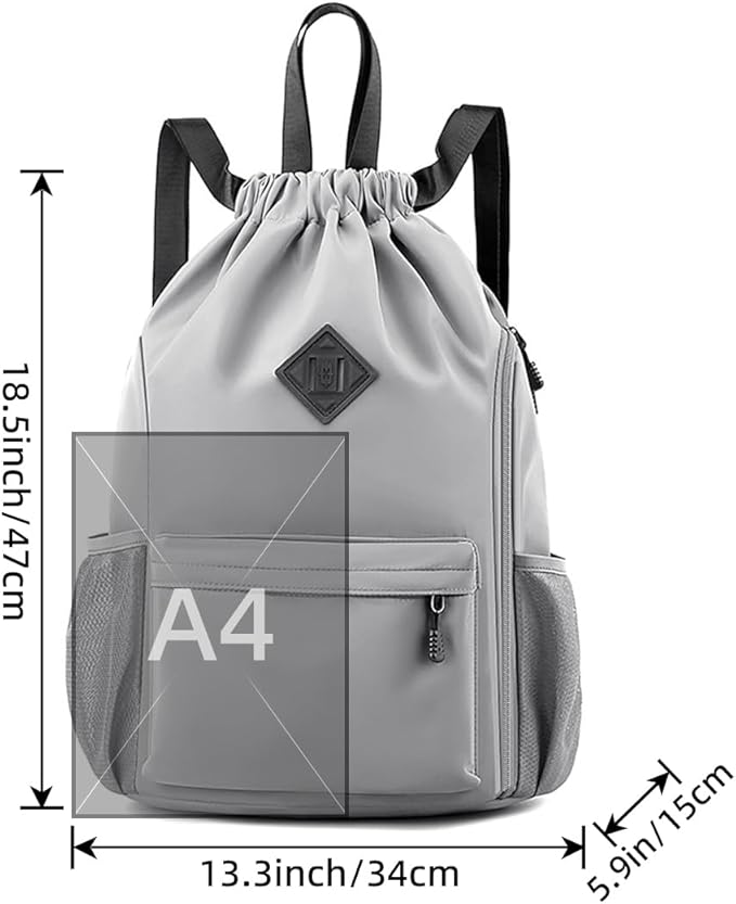 Valleycomfy Waterproof Drawstring Gym Backpack Bag for Men & Women,Sports Gym Bag with Side Pocket Grey