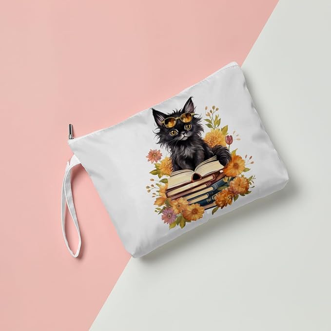 Fokongna Black Cat Print Wet Bag, Small Portable Waterproof Multi-Functional Organizer for Women，Yellow Bookish Black Cat，Ideal for Daily, Beach & Travel