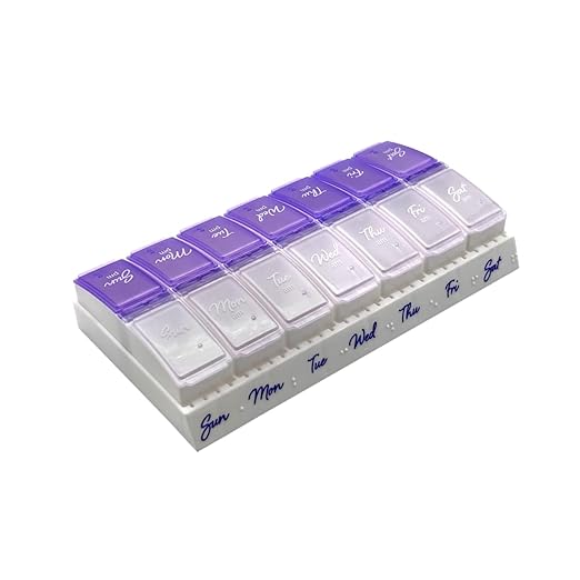 Ezy Dose Weekly (7-Day) Daily Pill Case, Medicine Planner, Vitamin Organizer, 2 Times a Day AM/PM, Small Pop-out Compartments, Arthritis Friendly, Easy to Use, Pearlescent and Lavender Lids, BPA Free