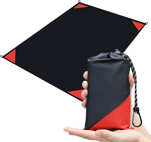 Orga'Neat Pocket Picnic Blanket, Beach Mat Waterproof Sandproof, Compact Lightweight Small Tarp for Camping, Hiking, Backpacking, Festival, Travel, Foldable in Bags (Black/Red, 55"x79")