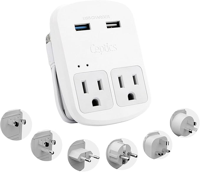 Ceptics Universal Travel Adapter, Dual USB (QC 3.0) + 2 US outlets + USB-C Cable, Use with Chargers, Cell Phones, Laptops, 6 Plug attachments for Worldwide use (Does Not Convert Voltage) (WPS-2B)