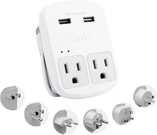 Ceptics Universal Travel Adapter, Dual USB (QC 3.0) + 2 US outlets + USB-C Cable, Use with Chargers, Cell Phones, Laptops, 6 Plug attachments for Worldwide use (Does Not Convert Voltage) (WPS-2B)