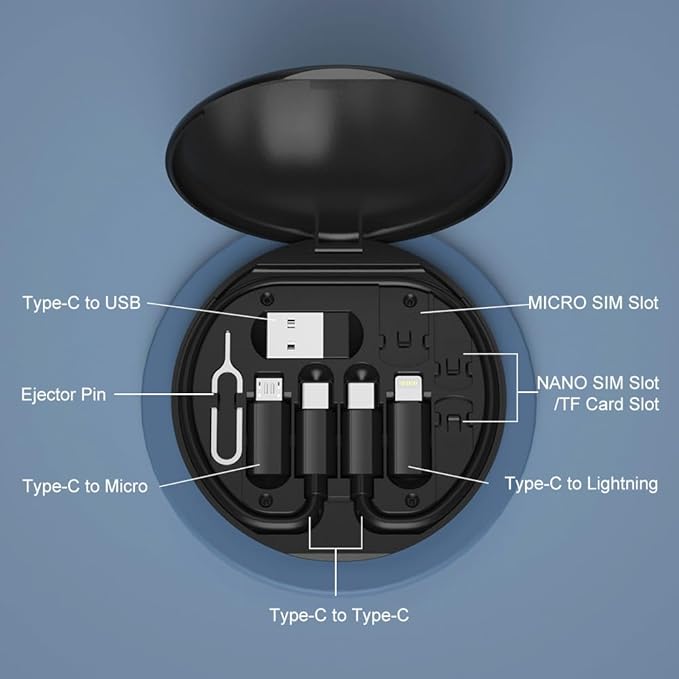 YANZIE USB Adapter Kit, Travel Charging Organizer Case with USB C, Micro USB and Lightning-Compatible Adapters, SIM Card Holder, Eject Pin and Phone Stand for Travel, Office and Car, Black