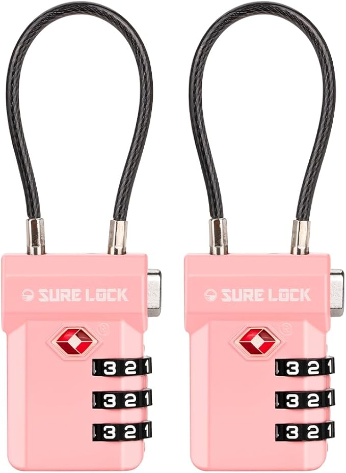 SURE LOCK TSA Approved Luggage Locks with Open Alert Indicator, 3 Digit Combination Cable Travel Lock for Suitcase, Backpack, Gym Locker, Toolbox, Carry On & Travel Bag