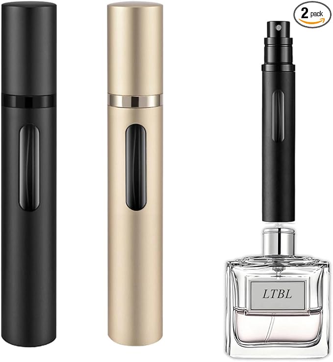 2PCS Perfume Travel Refillable Bottle, Bottom-Filling Fragrances Perfume Atomizer, Empty Mini Cologne Dispenser, Portable Sprayer Pocket Size for On the Go 10ml (Black & Champagne Gold)