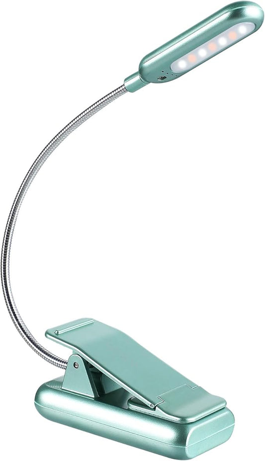VAVOFO Rechargeable Book Light for Reading in Bed Kids, 7 LED Reading Light with 9-Level Warm Cool White Daylight, Eye Care Lamp with Power Indicator for Bookworms (Silver Green)