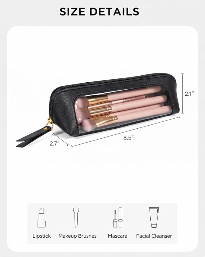 LETGO Small Clear Makeup Bag, PU Leather Travel Makeup Brush Case Portable Transparent Waterproof Cosmetic Organizer Pouch with Zipper for Women Home Travel Office Cosmetic Storage (Chic Black)
