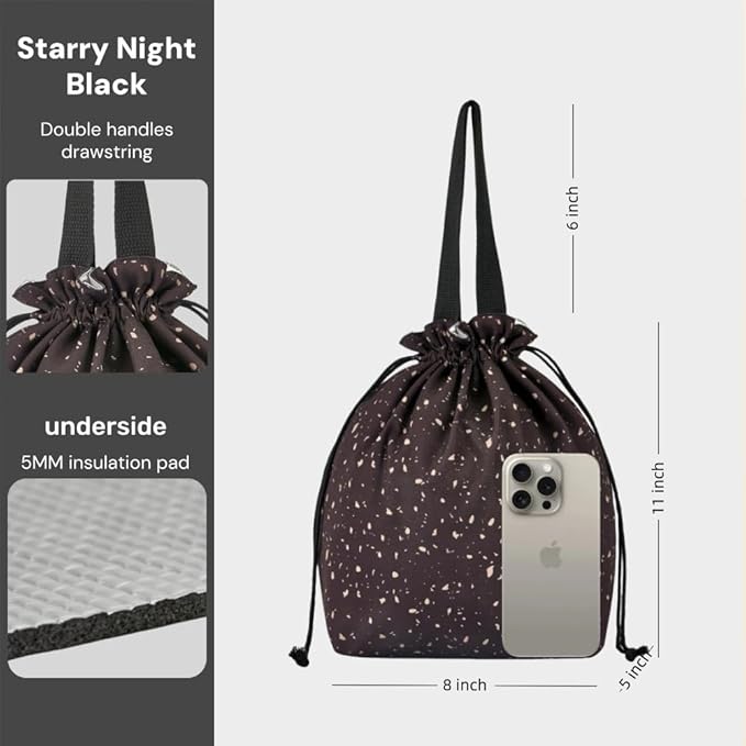 Reusable Small Lunch Bag,Drawstring Lunch Bag,Insulated Handbag Tote bag with Handle (Starry Night Black)