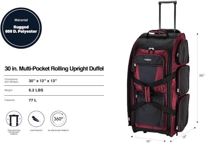 Travelers Club Xpedition 30 Inch Multi-Pocket Upright Rolling Duffel Bag