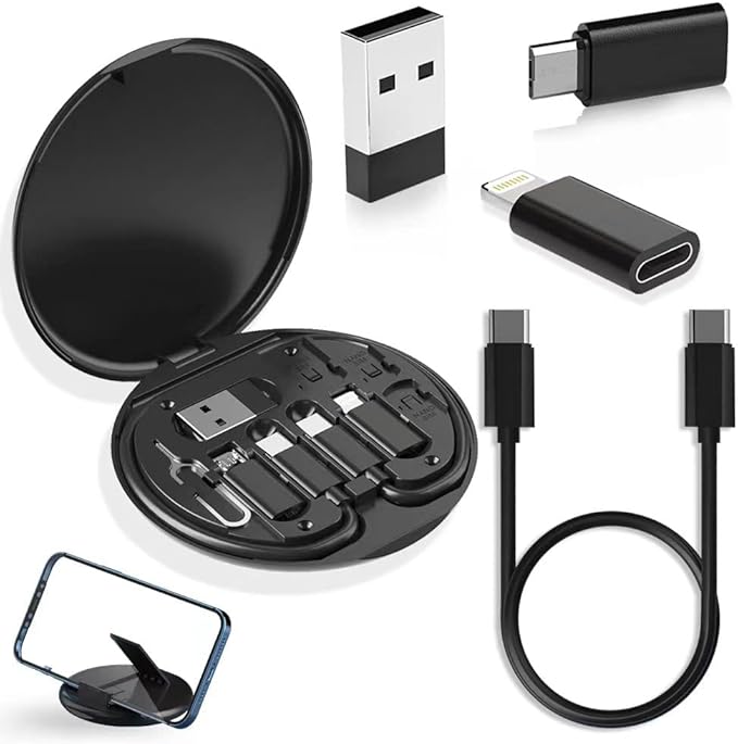 YANZIE USB Adapter Kit, Travel Charging Organizer Case with USB C, Micro USB and Lightning-Compatible Adapters, SIM Card Holder, Eject Pin and Phone Stand for Travel, Office and Car, Black