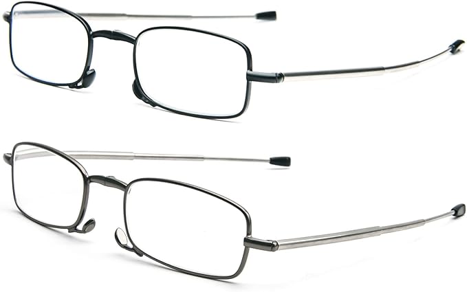 2 Pack Folding Reading Glasses Stainless Steel Mini Anti-Blue Light Blocking Reader for Men Women