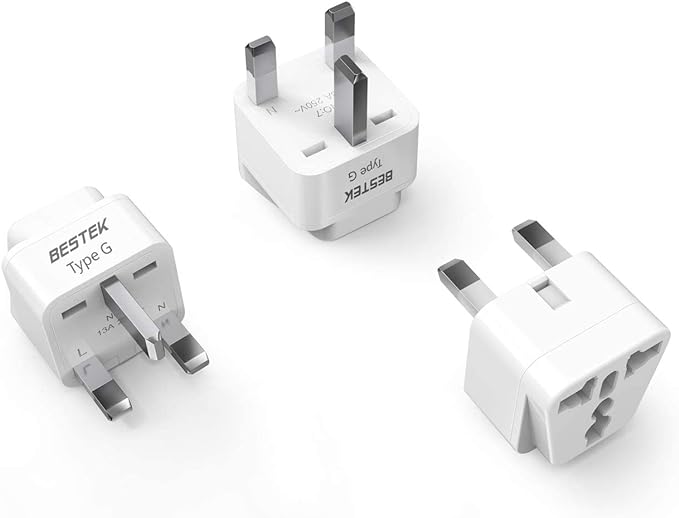 BESTEK UK Travel Plug Adapter Set, Grounded Universal Power Plug Adapter for USA to Type G Countries, UK, Ireland, Hong Kong and More-3 Packs
