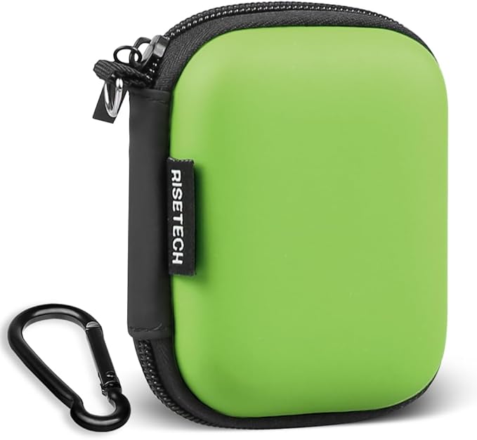 Earphone case, RISETECH Earbud Carrying Case Holder Hard EVA Headphone Small Zipper Pouch Compatible with Flash Drive, USB Charging Cable, SD Memory Card, AirPods, Sony Wired Earbuds with Clip -Green
