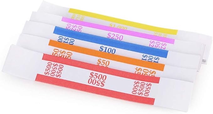 L LIKED Pack of 250 Currency Band Bundles Self Sealing Currency Straps Bands Money Bill Wrappers (50 of Each - 250 Assorted)