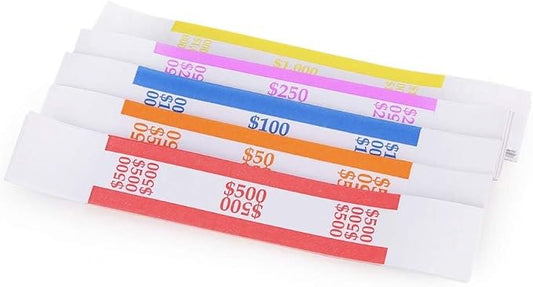L LIKED Pack of 250 Currency Band Bundles Self Sealing Currency Straps Bands Money Bill Wrappers (50 of Each - 250 Assorted)
