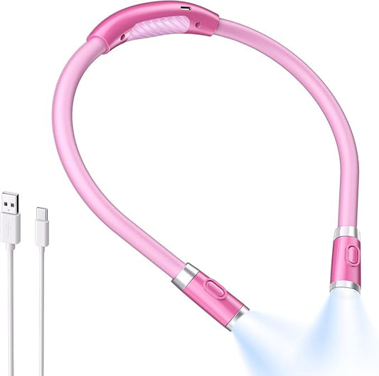 LUXJET Neck Reading Light & Book Light for Reading in Bed - Hands Free, 6 Brightness Levels, 360° Flexible Arms, 80-Hour Rechargeable - Reading, Knitting, Camping, Repairing (Pink-New)