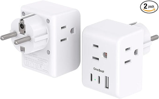 2 Pack Germany France Travel Plug Adapter with 3 Outlets 1 USBA 2 USB C, One Beat Type E/F International Power Adapter, Travel Essentials US to Europe France Germany South Korea Netherlands